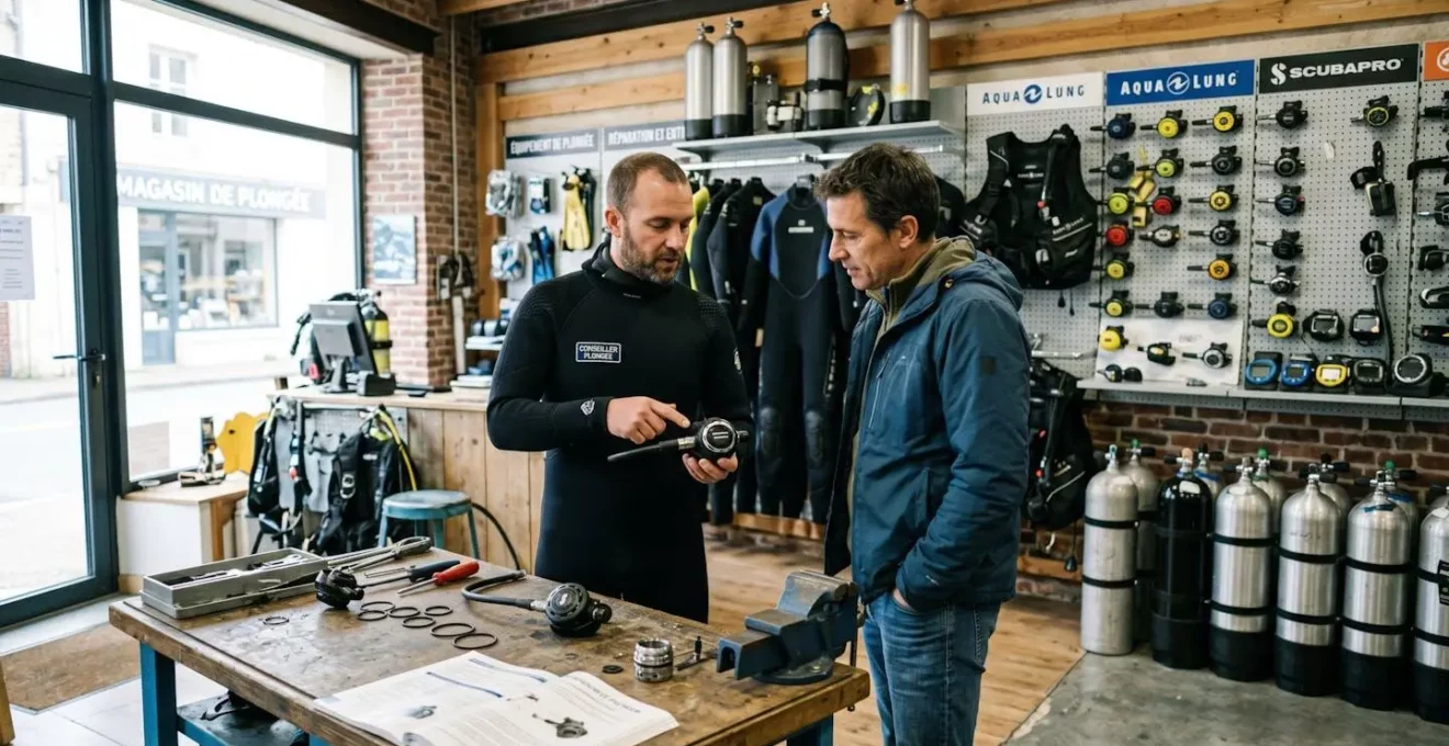 Conseiller spécialisé dans un magasin de plongée montrant un détendeur à un client, avec établi technique et rayonnage d'équipement en arrière-plan