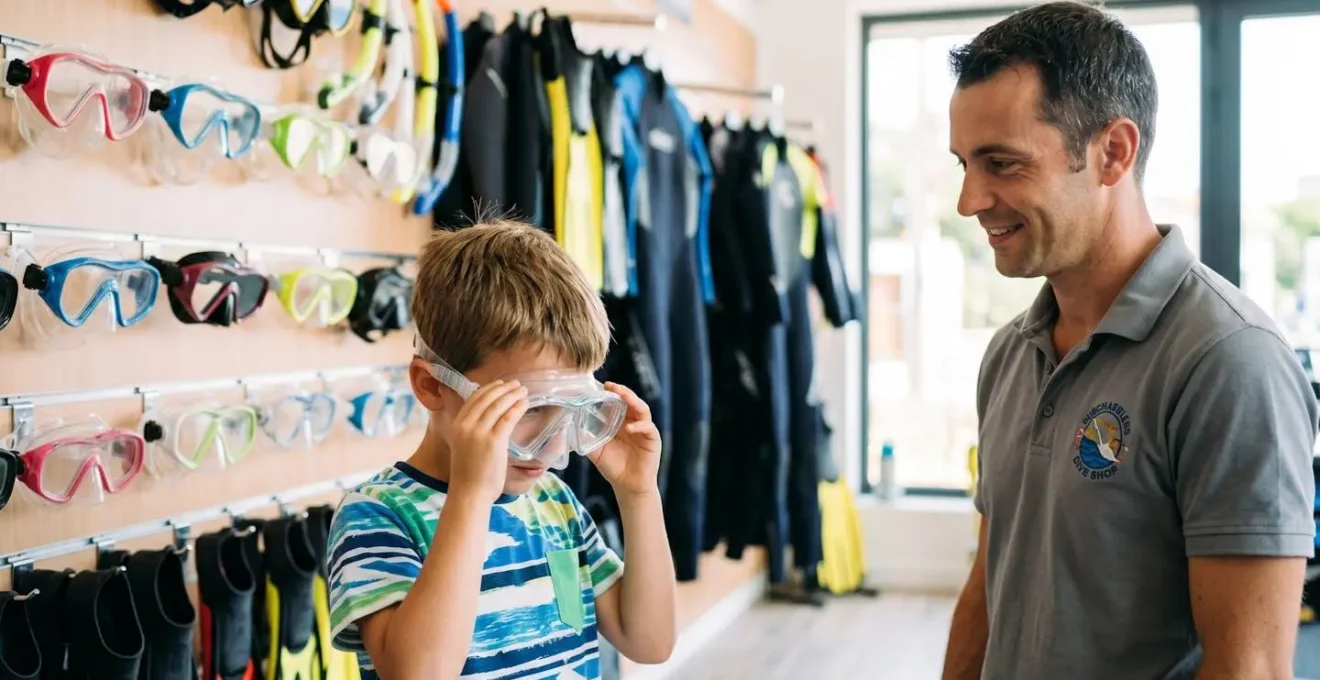 Enfant testant un masque de plongée junior dans un magasin spécialisé, accompagné par un vendeur expert observant l'essai d'étanchéité
