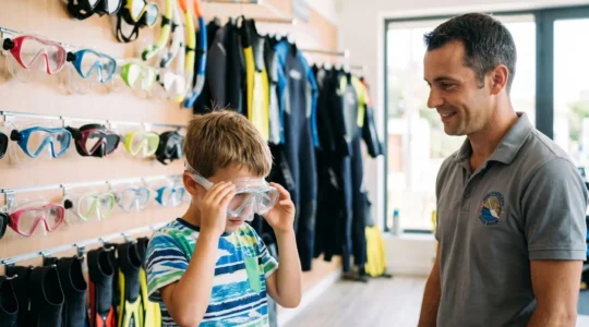 Enfant testant un masque de plongée junior dans un magasin spécialisé, accompagné par un vendeur expert observant l'essai d'étanchéité