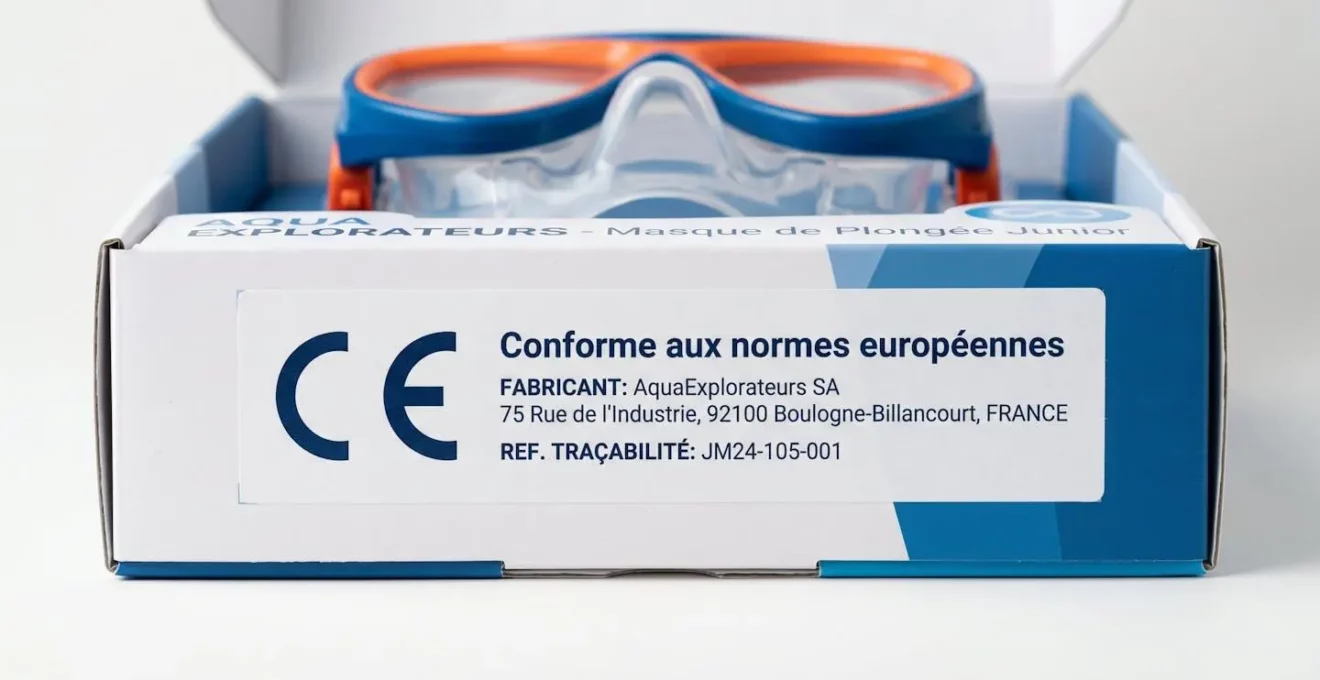 Gros plan d'une étiquette de certification CE sur l'emballage d'un masque de plongée junior, affichant le logo CE et les mentions de conformité