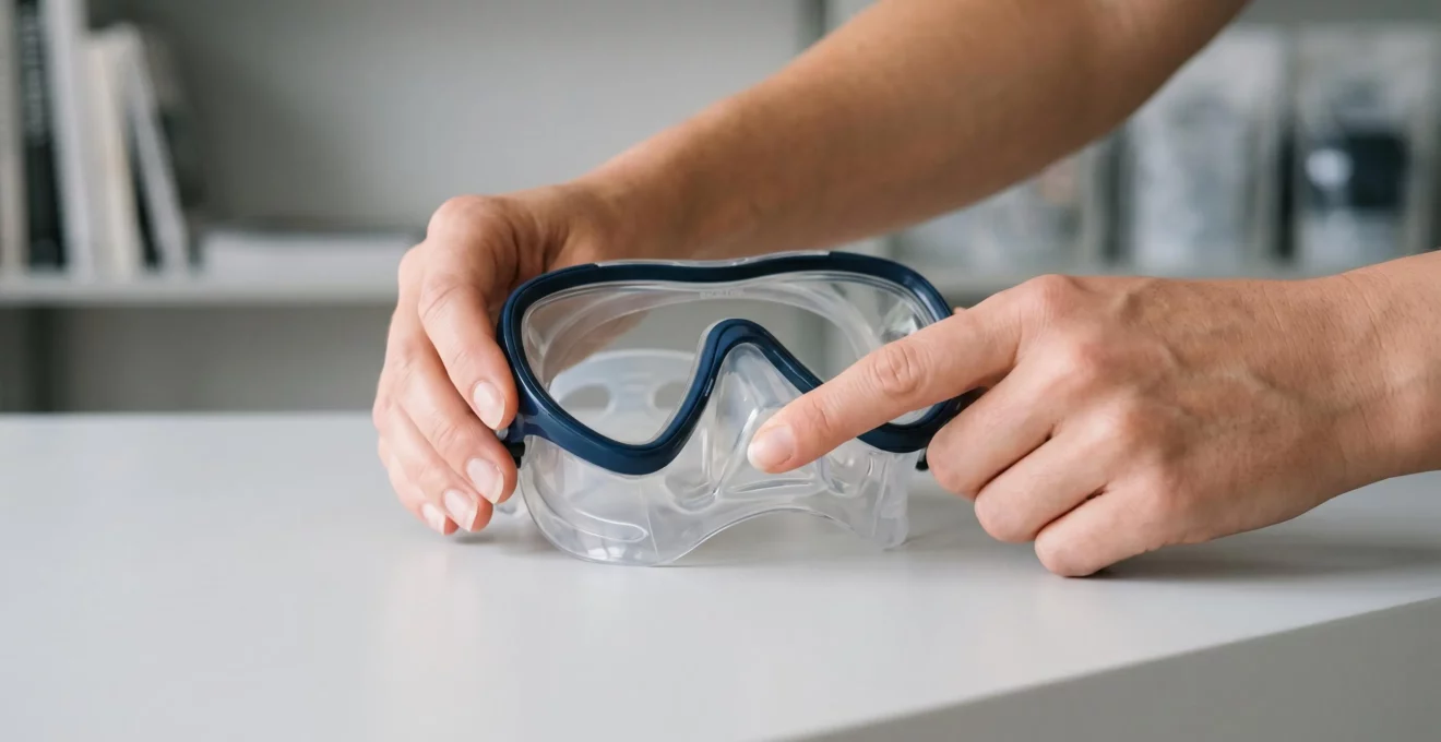 Gros plan de mains vérifiant la souplesse de la jupe en silicone transparent d'un masque de plongée junior sur un comptoir blanc