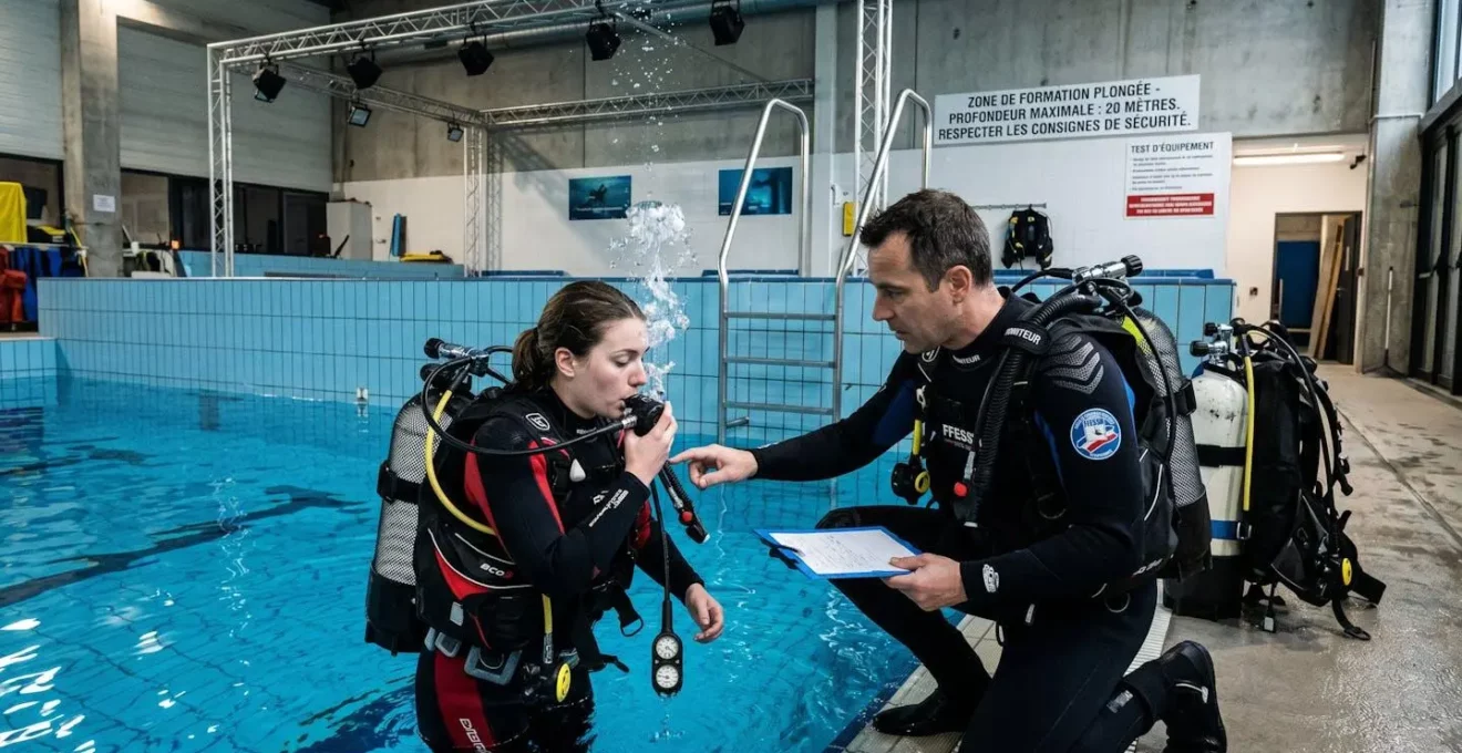 Plongeur testant un détendeur en fosse de plongée accompagné d'un instructeur dans un centre de formation